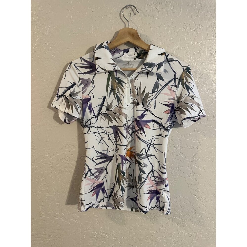 Y Jack Smith White Birds of Paradise Buttery Soft Short Sleeved Golf Polo Shirt